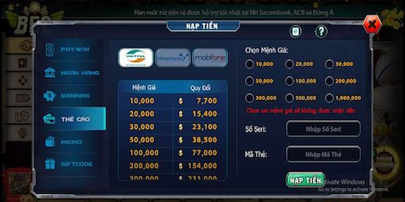 Nạp tiền thử nghiệm chơi game